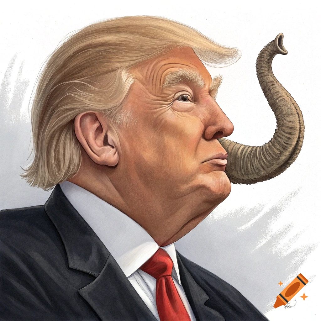 Caricature of Donald Trump with an elephant trunk for a nose