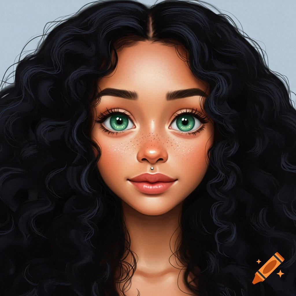 Stylized portrait of a girl with long black curly hair, green eyes, freckles, and a lip piercing.