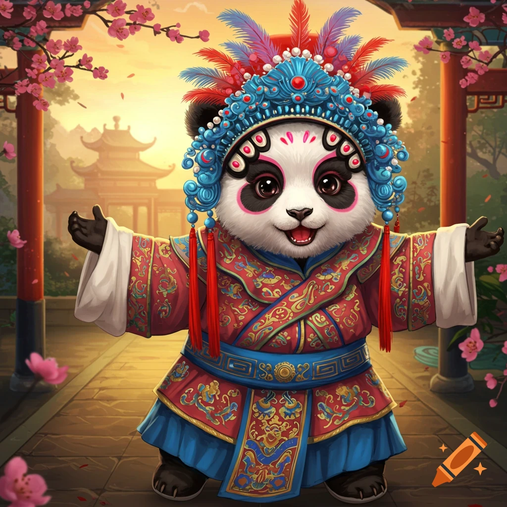 Cute panda wearing Peking Opera costume in a Chinese garden illustration