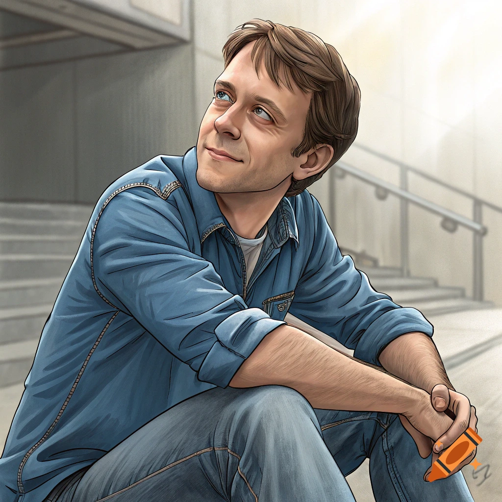 Illustrative portrait of a man in denim sitting on stairs looking up.