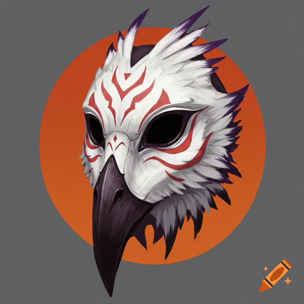 White bird-like mask with red markings against an orange circle background.