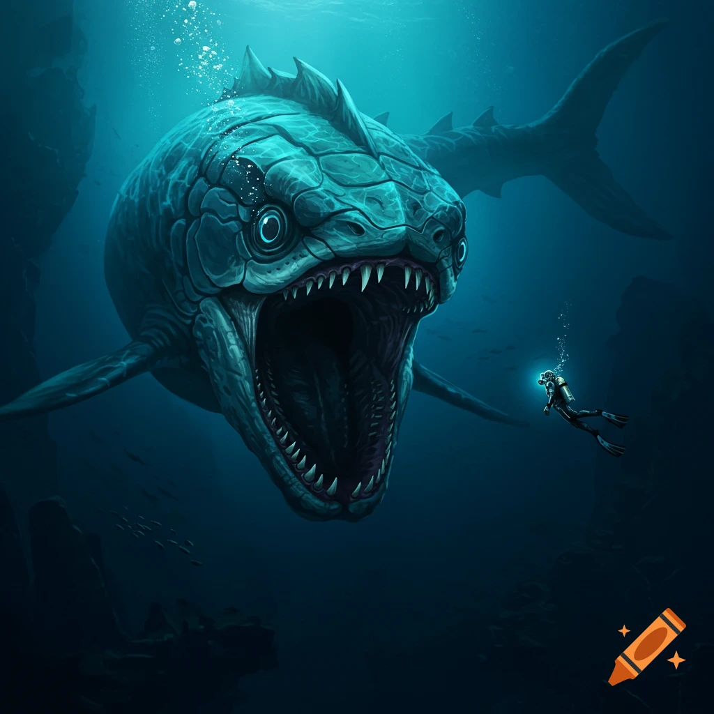 A giant monster fish with large teeth confronts a diver in the deep blue underwater.