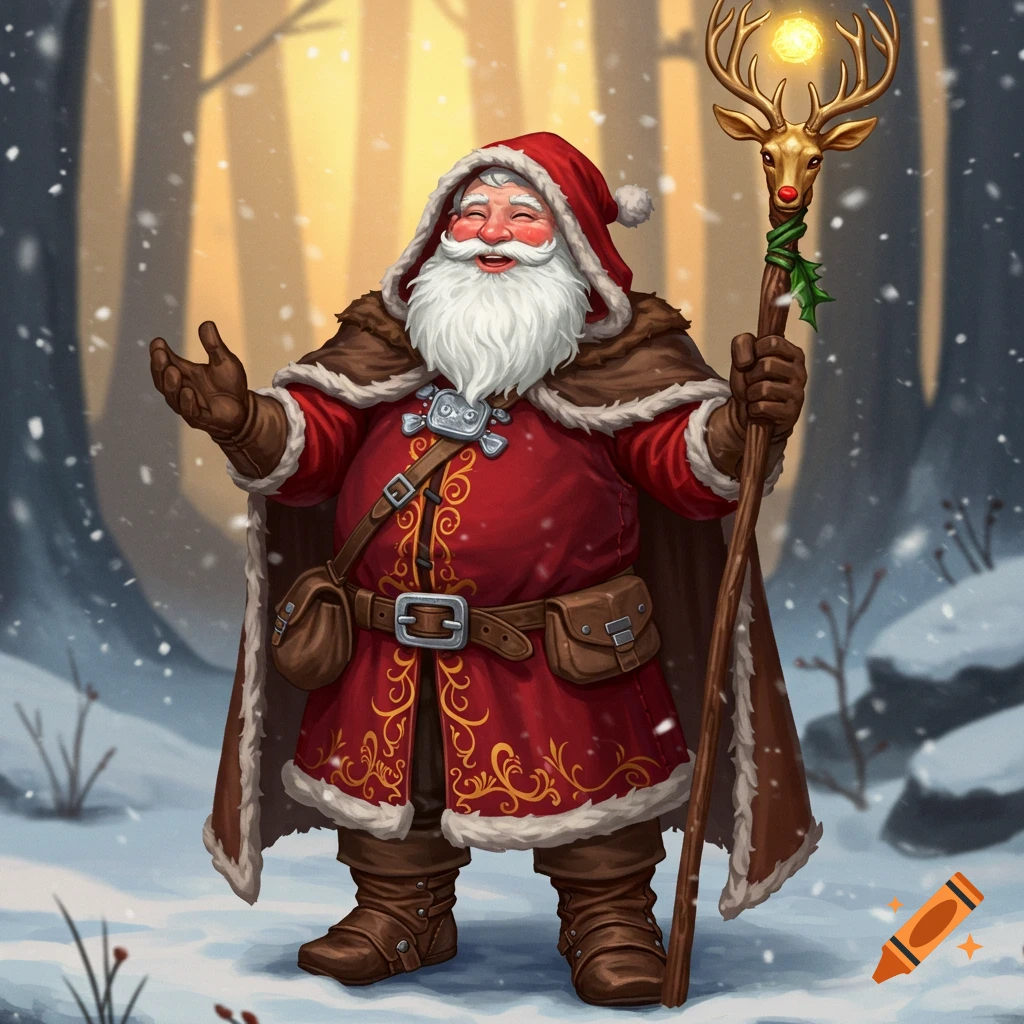 A medieval Santa Claus standing in a snowy forest, holding a staff with a glowing orb and reindeer antlers.