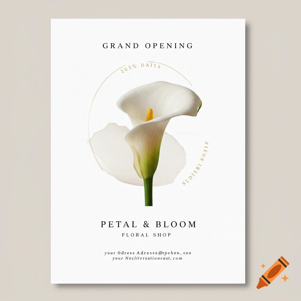 White flyer with a calla lily for Petal & Bloom floral shop grand opening.