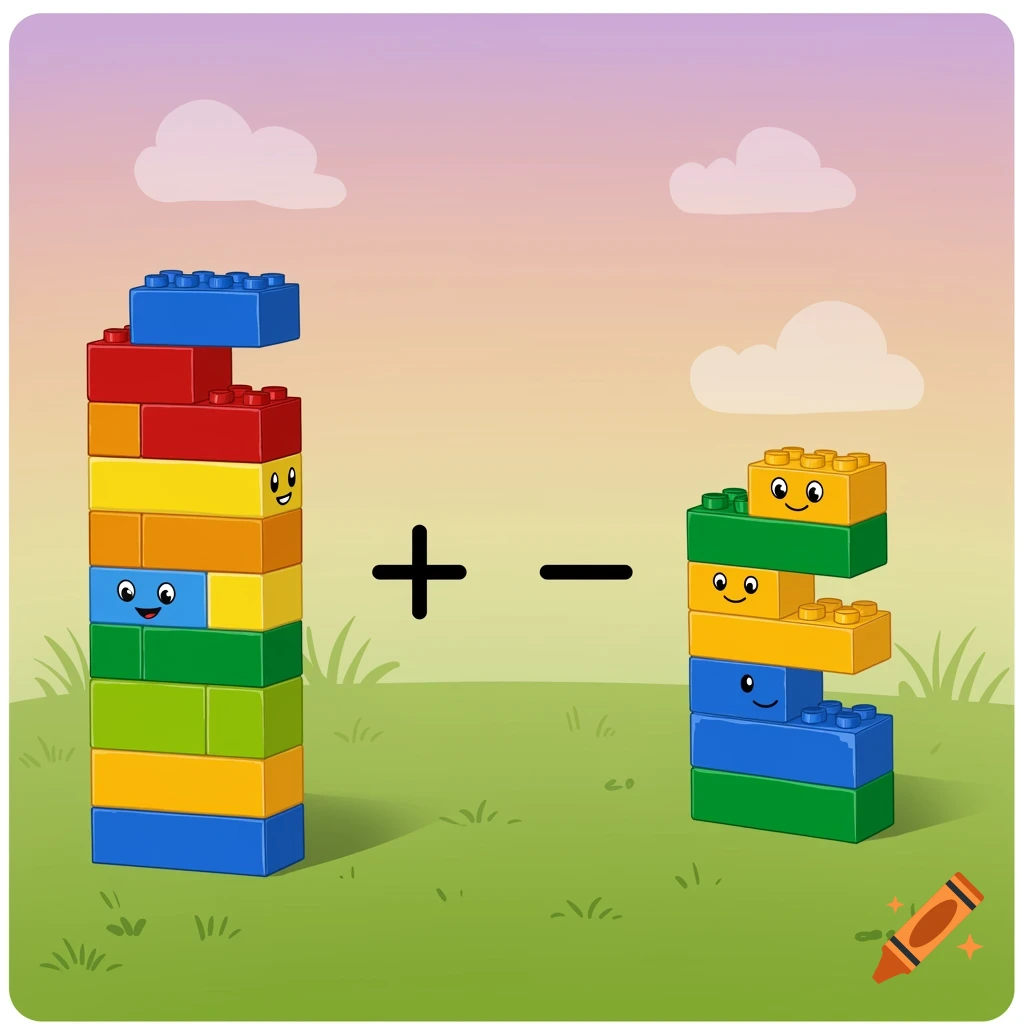 Colorful Lego block towers with plus and minus signs.