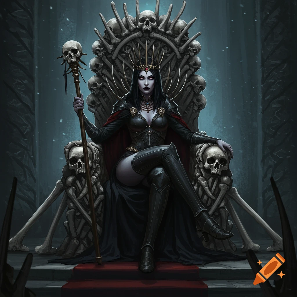A dark fantasy queen sits on a throne made of bones in a dark chamber. Digital art.