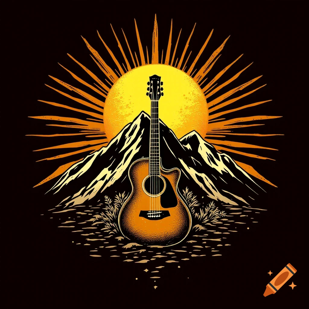 Stylized illustration of an acoustic guitar centered before mountains, sun, and rays in orange and black