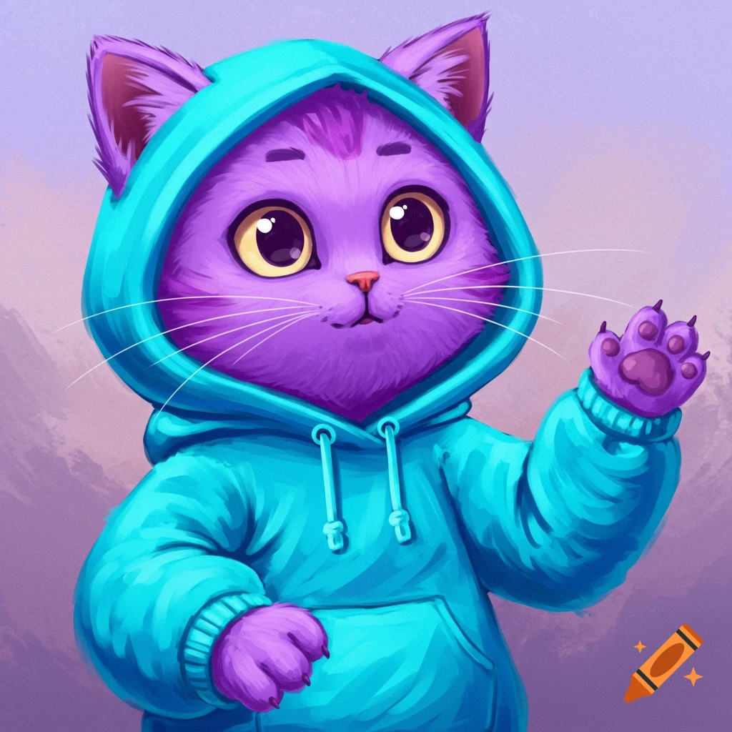 A cartoon purple cat in a blue hoodie waving