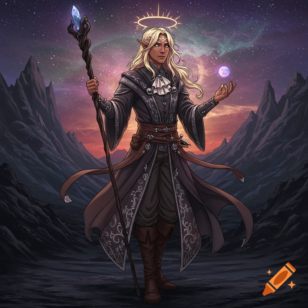 Fantasy illustration of an elven figure with long blonde hair, halo, staff, and glowing orb against a starry mountain landscape.