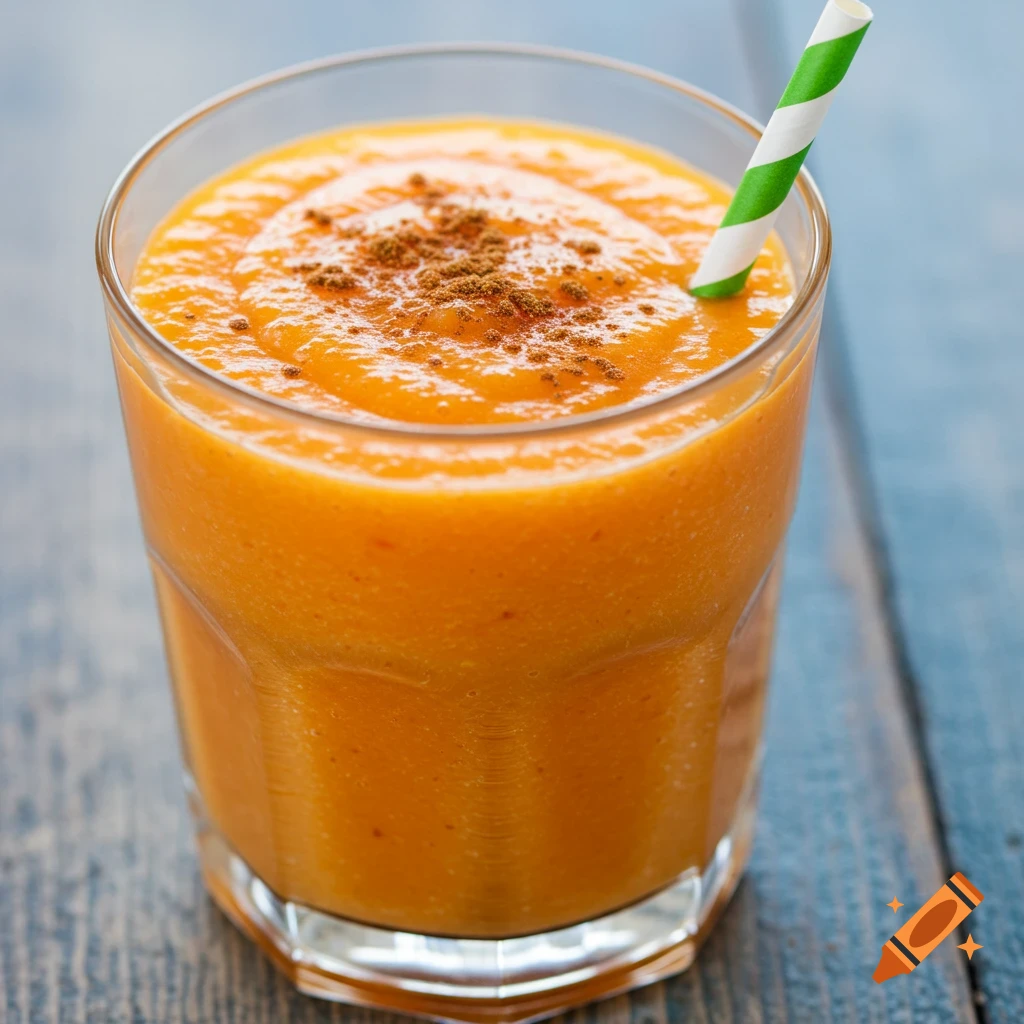 Close-up of an orange smoothie with a green and white striped straw and cinnamon on top.