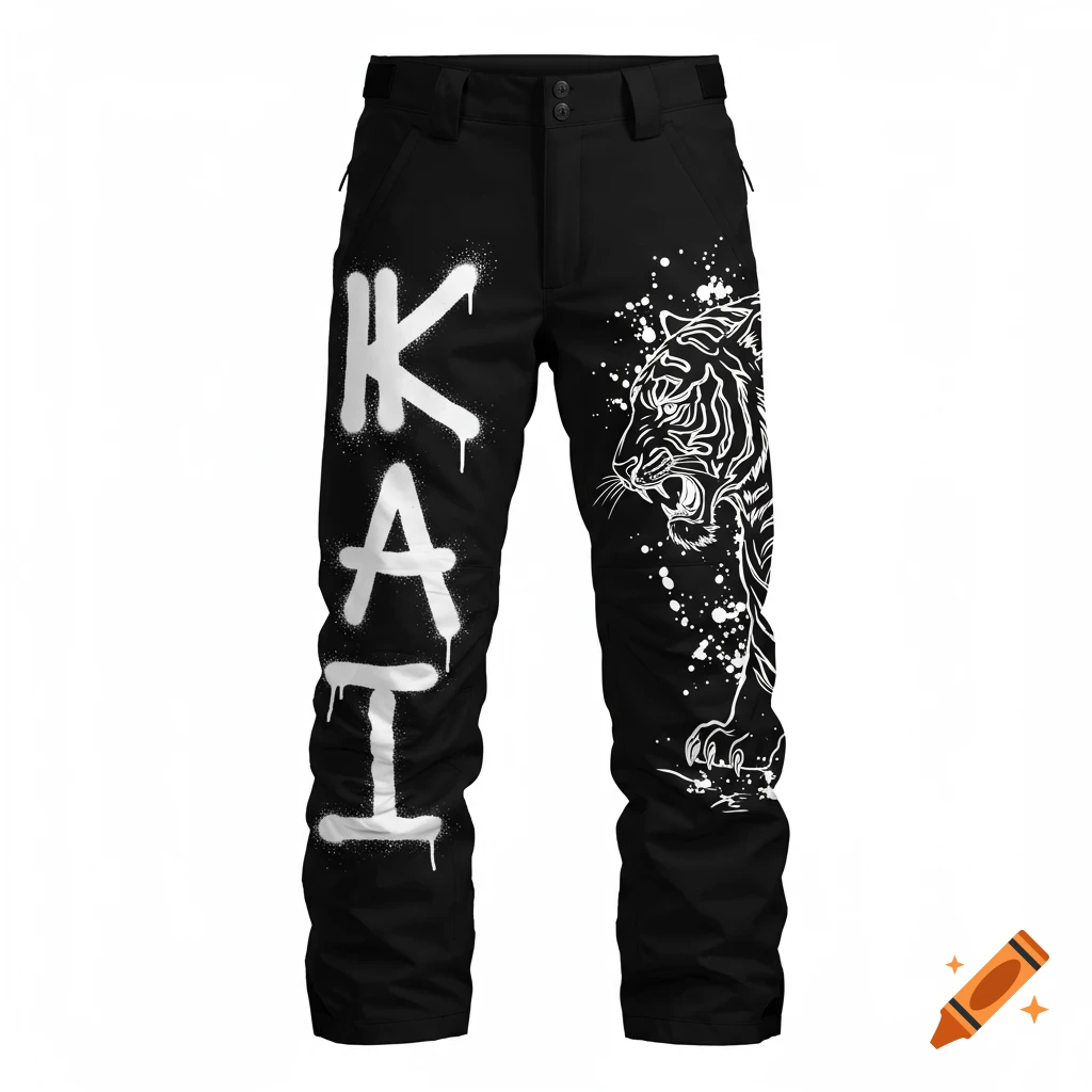 Black snow pants with white KAI graffiti text and a tiger graphic.