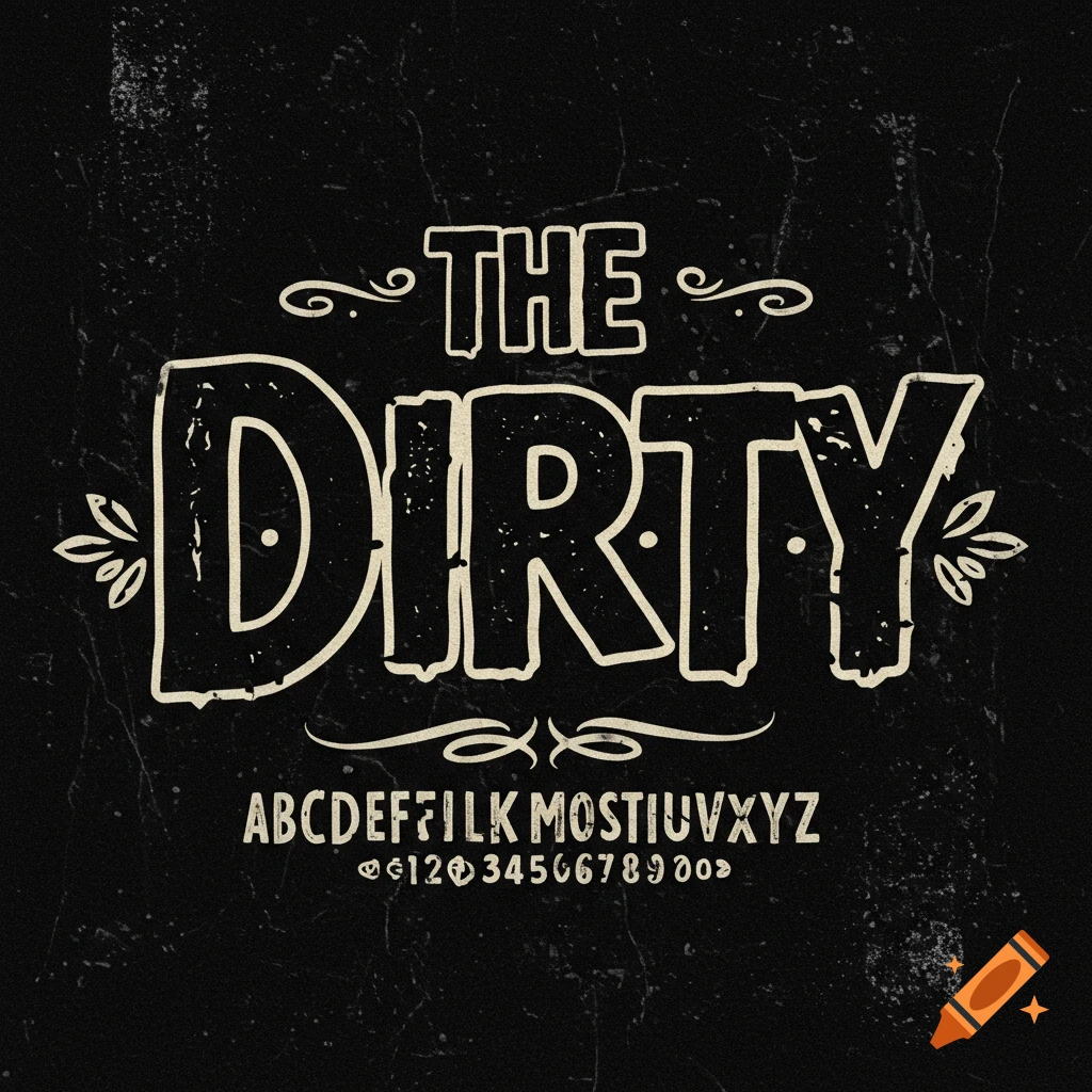 Distressed vintage logo design with the words 'The Dirty' and smaller typography samples on a dark background.