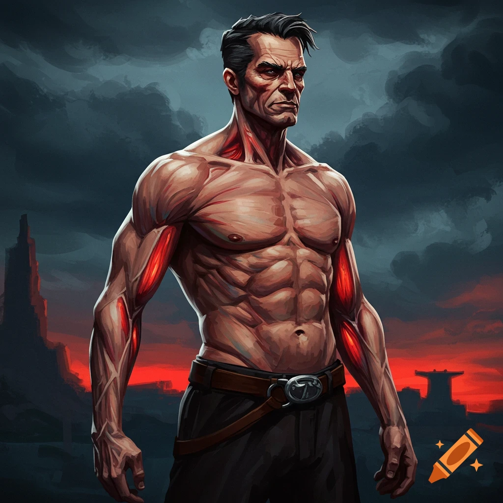 Muscular man with red highlights on muscles against a dark, dramatic background.