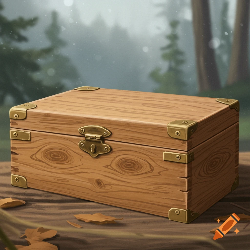 An illustrated wooden chest with brass fittings sits on a table with leaves in front of a forest background.