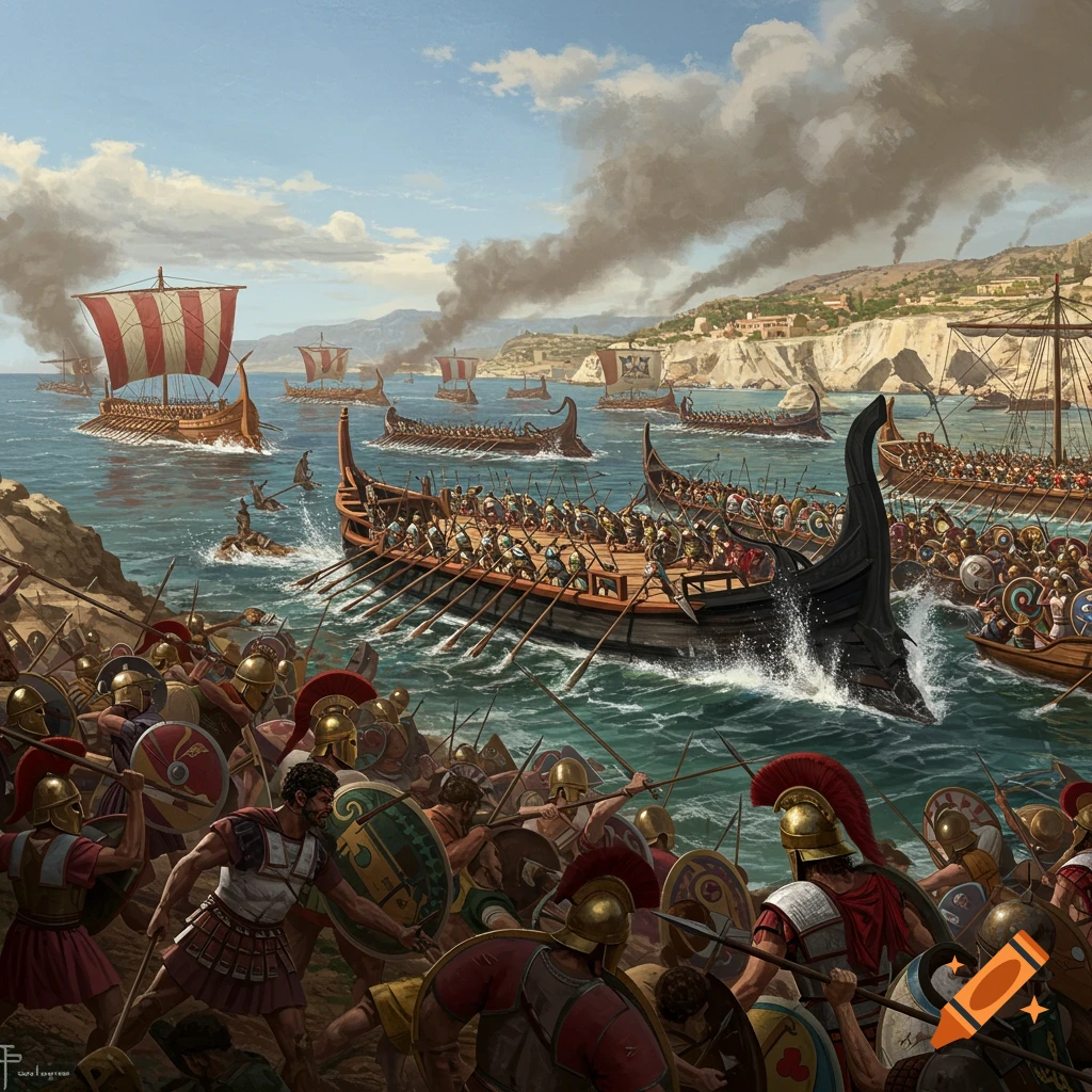 Dramatic illustration of an ancient naval battle near a coastline with multiple warships and soldiers fighting.