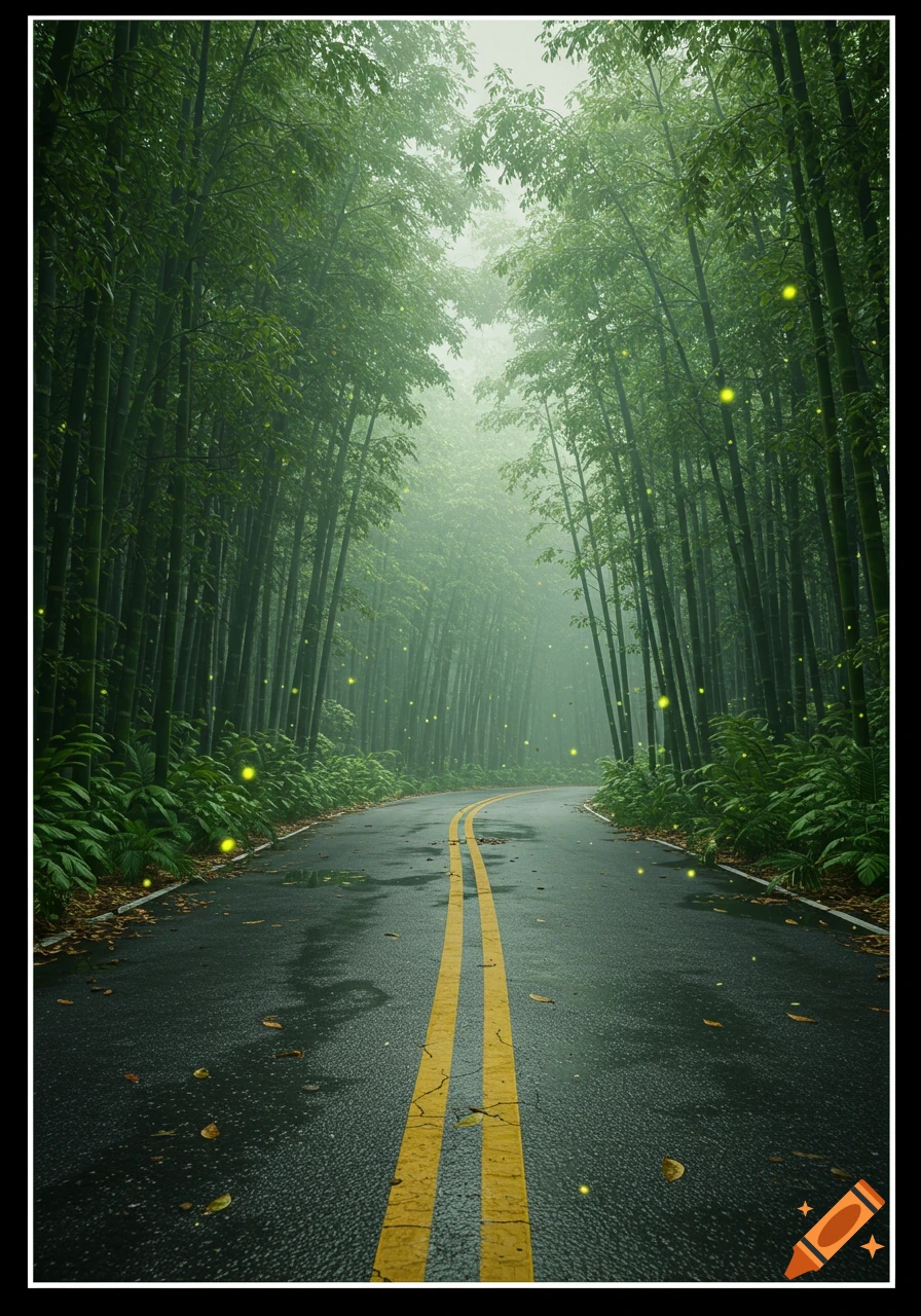 Road through a misty bamboo forest at night with fireflies.