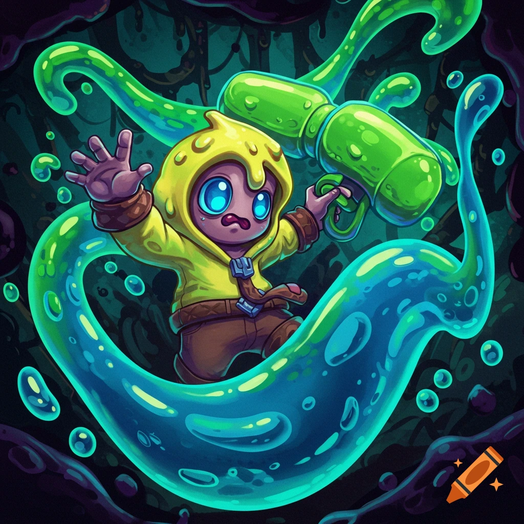 Cartoon character in yellow hooded jacket surrounded by swirling green and blue slime.