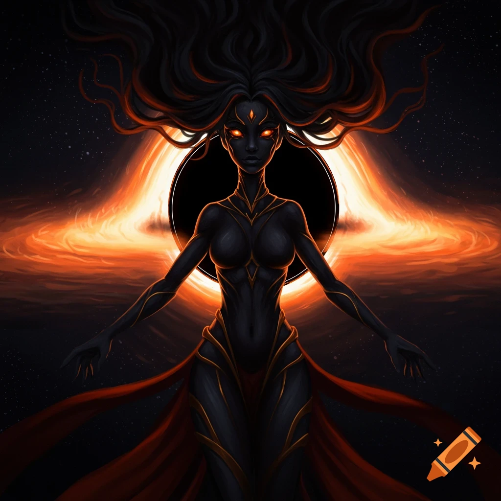 A dark fantasy illustration of a female figure with dark skin, flowing black hair, and glowing orange eyes standing in front of an orange glowing black hole in space.