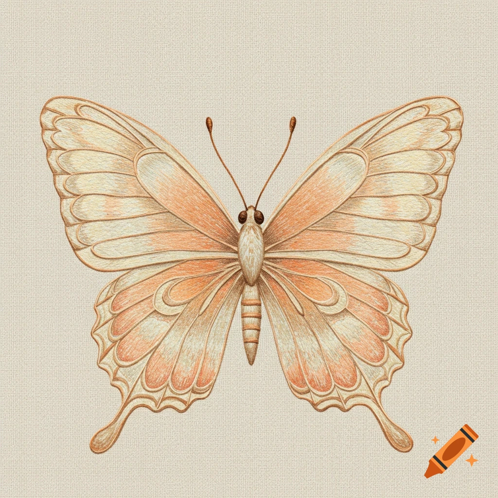 Detailed illustration of a butterfly in cream and peach hues on a textured background.