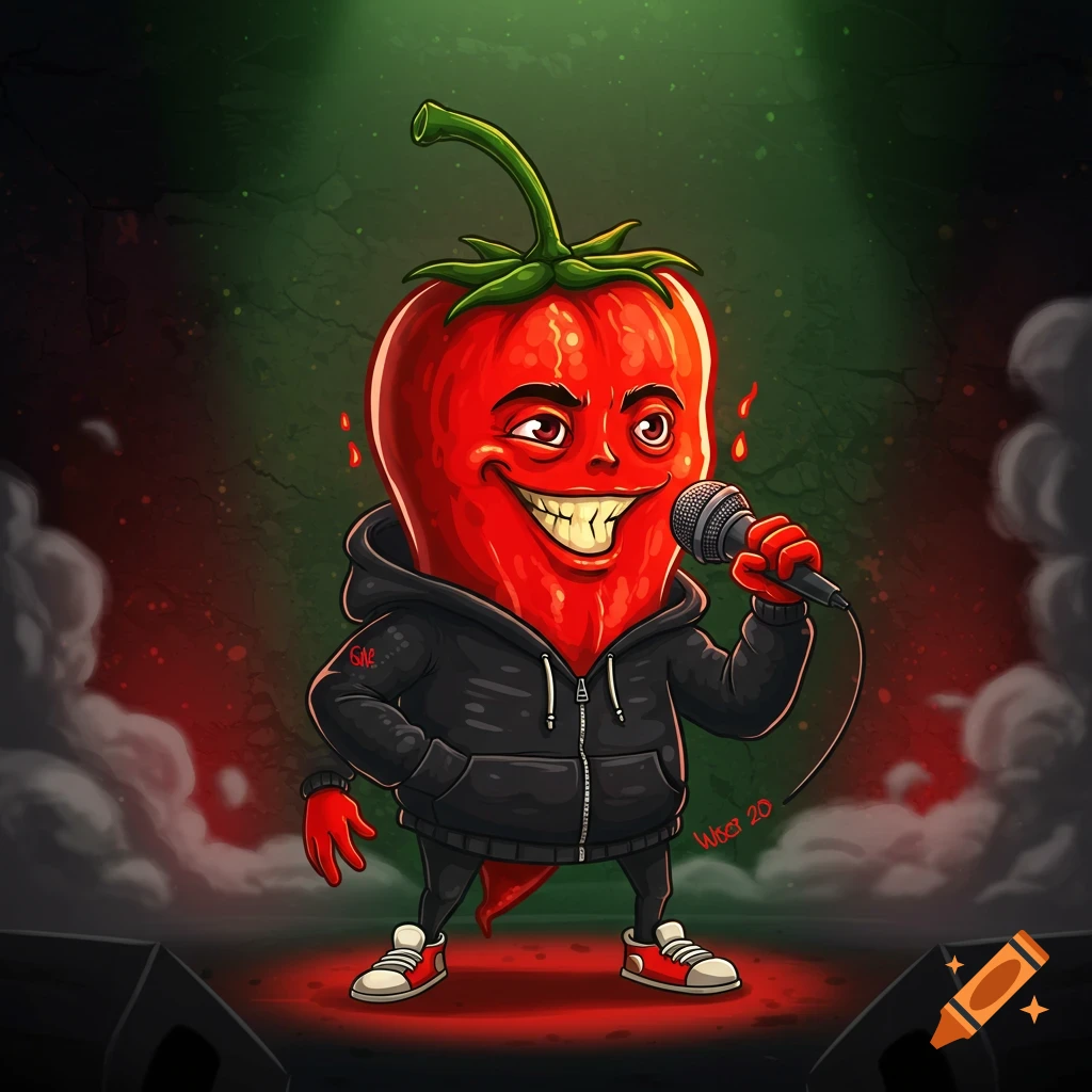 Cartoon chili pepper character rapping on stage.