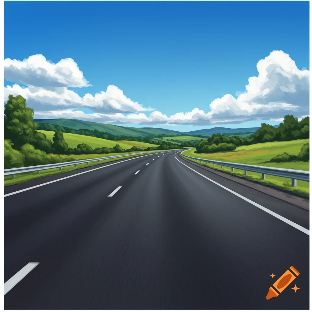 A highway winds through green hills under a blue sky with clouds.