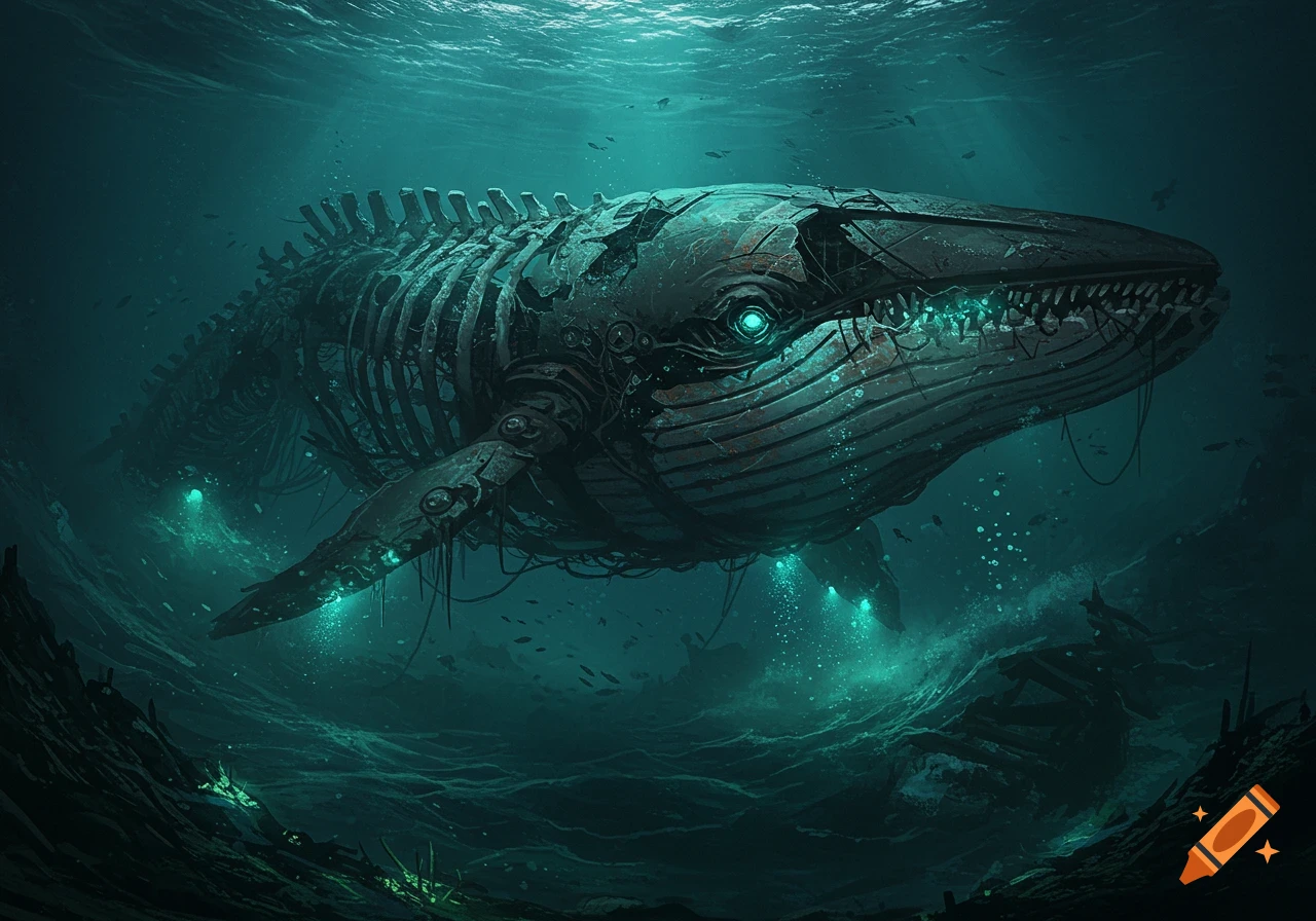 A destroyed robot whale swims in dark deep water