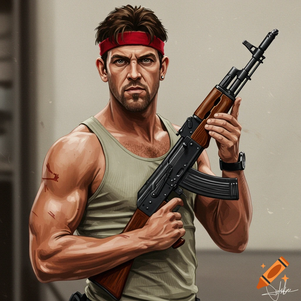 Illustration of a man with a red headband and tank top holding an AK rifle.