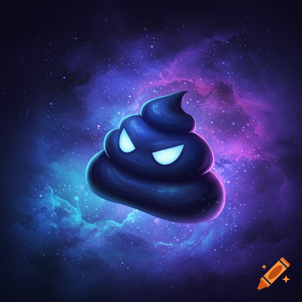 A phantom poop emoji floats in a purple and blue nebula space background.