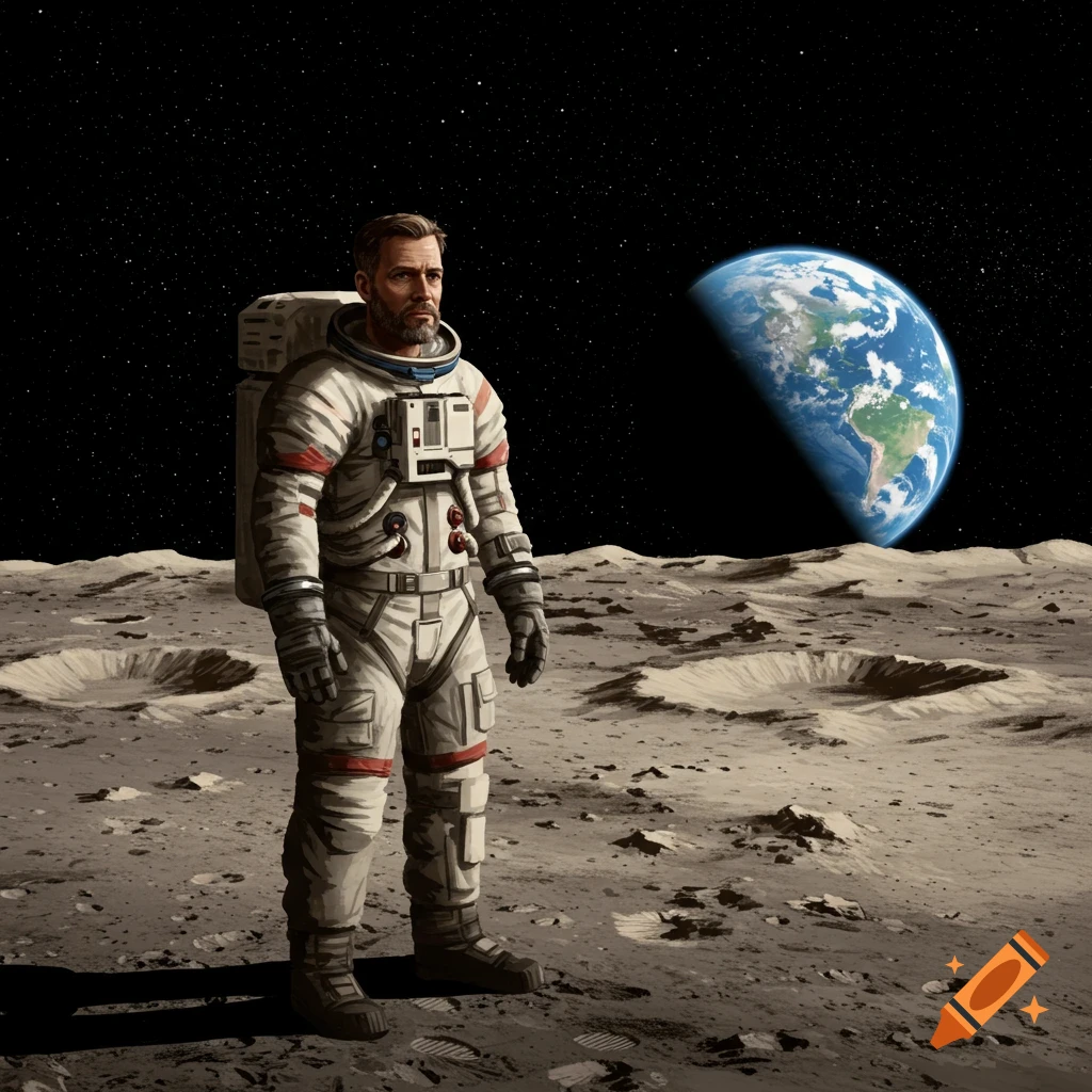 An astronaut stands on the moon with Earth visible in the distance.