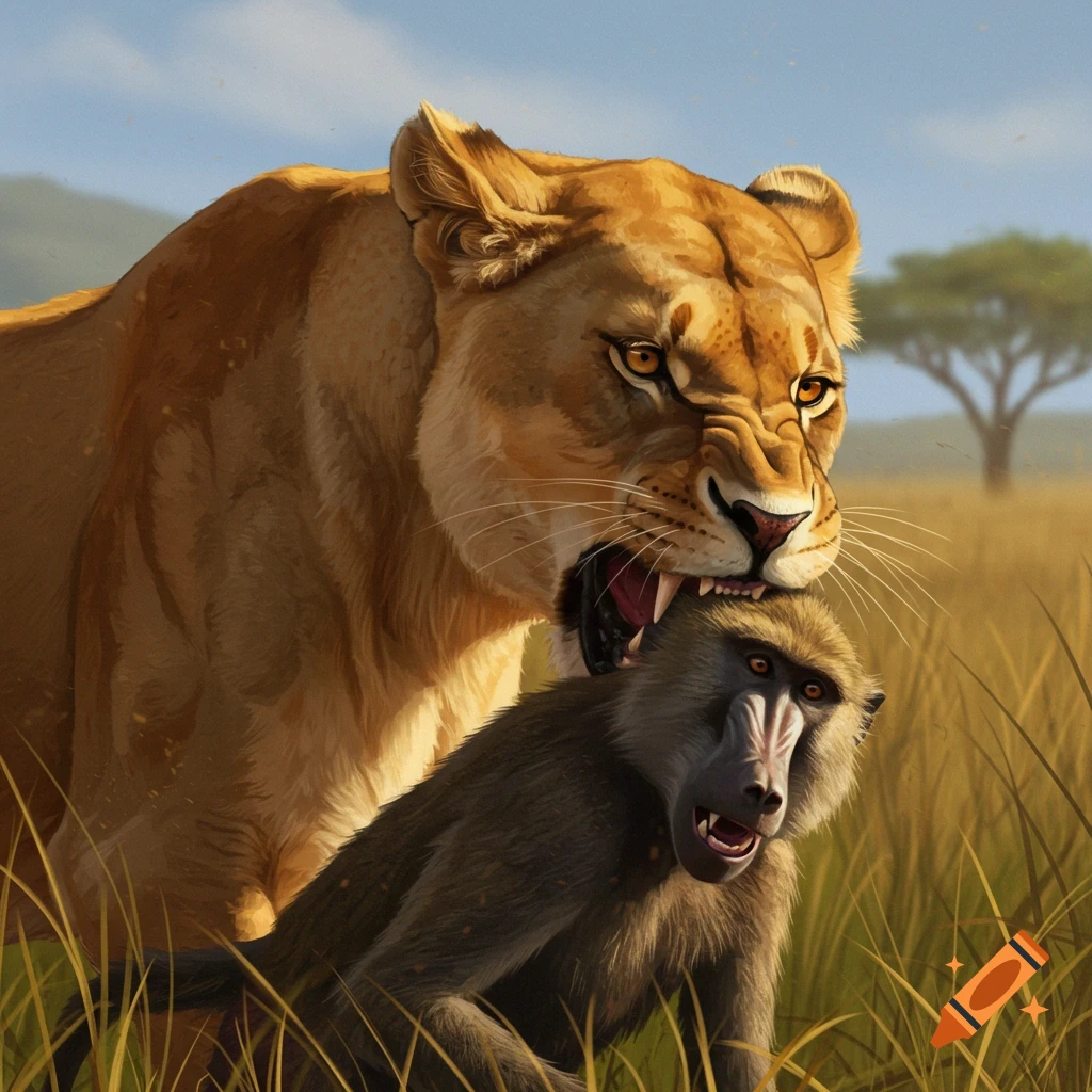 Fierce lioness biting a baboon in a savanna field.