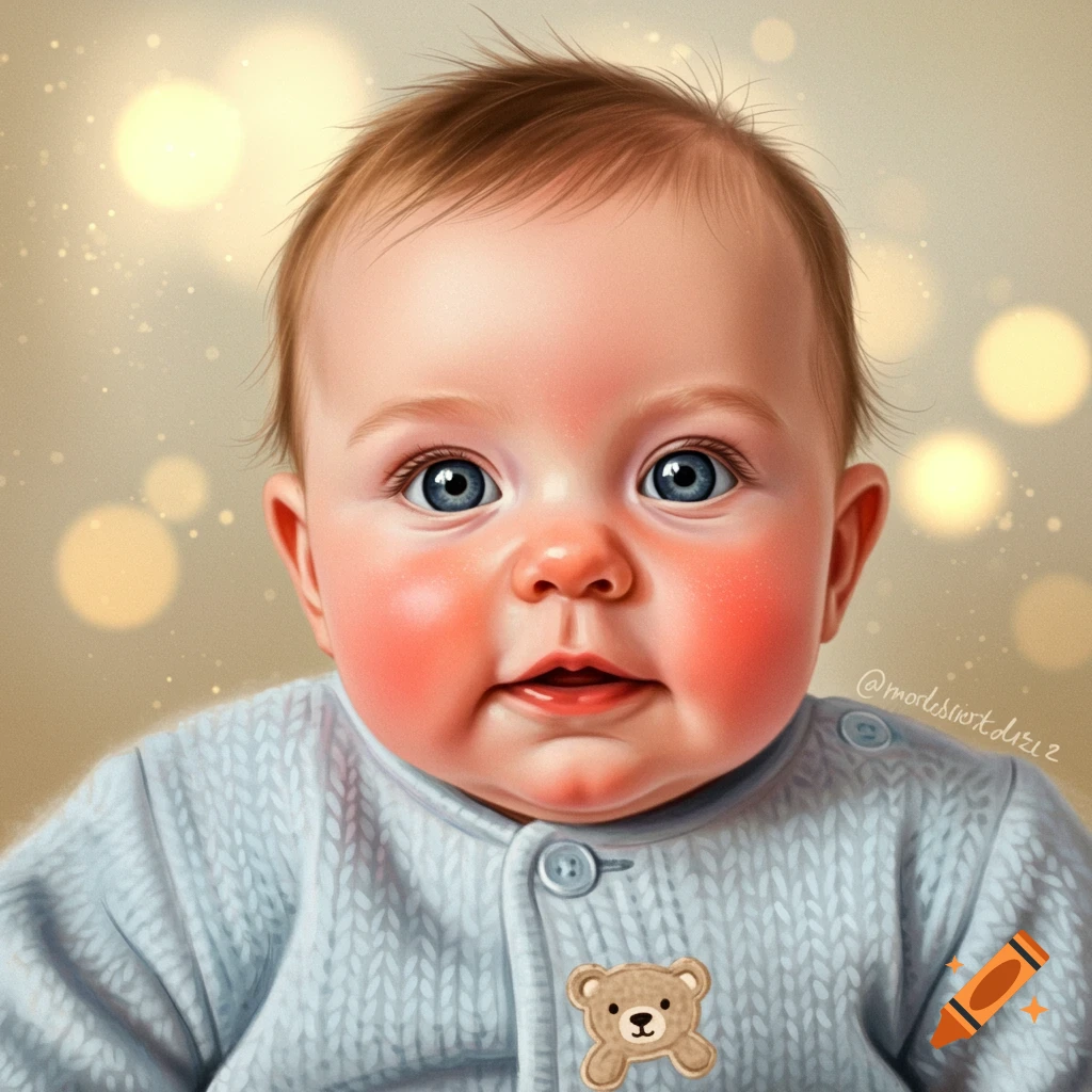 Close-up of a baby wearing a blue sweater with a teddy bear patch, against a bokeh background.