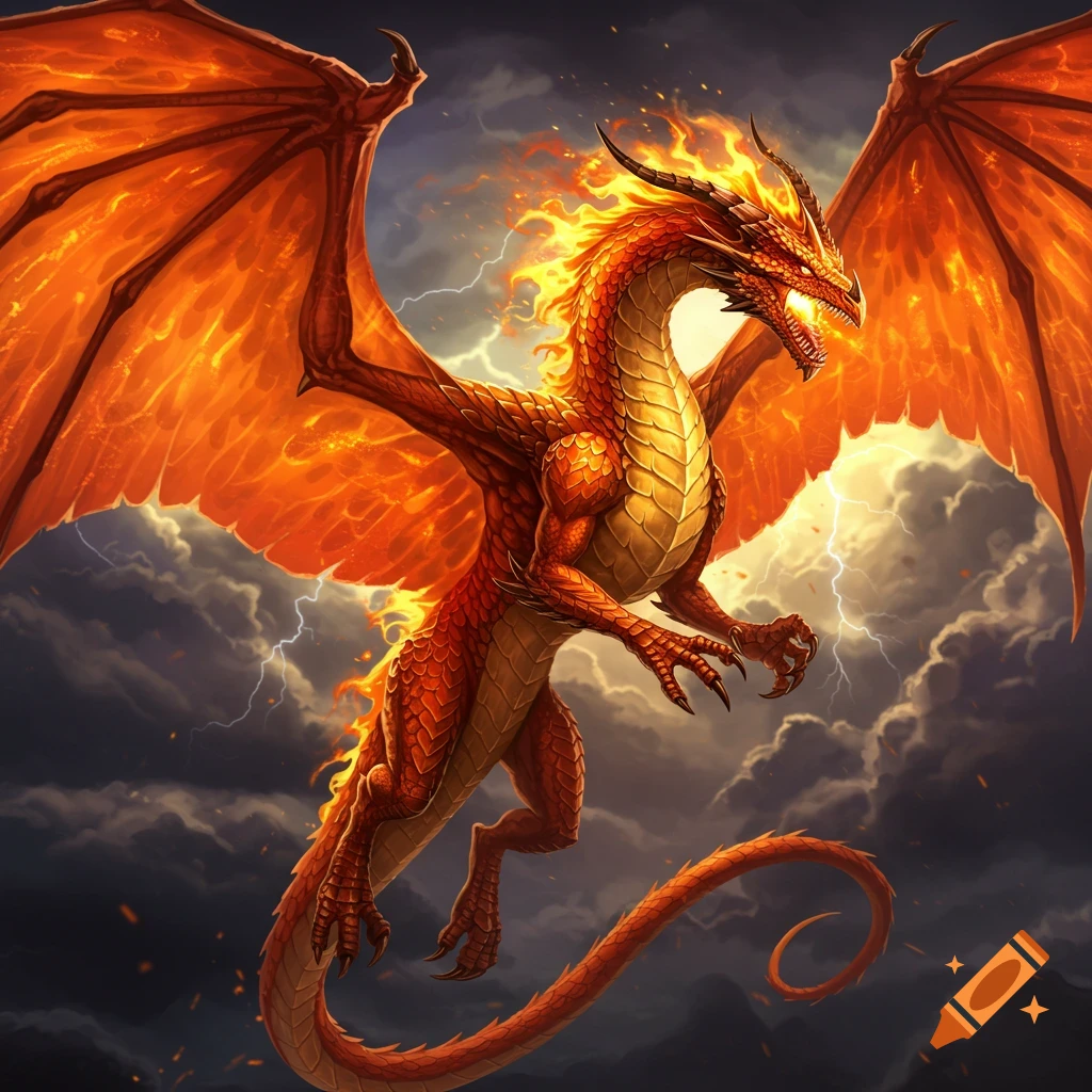 A fiery red dragon with large wings flies through a stormy sky with lightning strikes. The dragon is surrounded by flames.