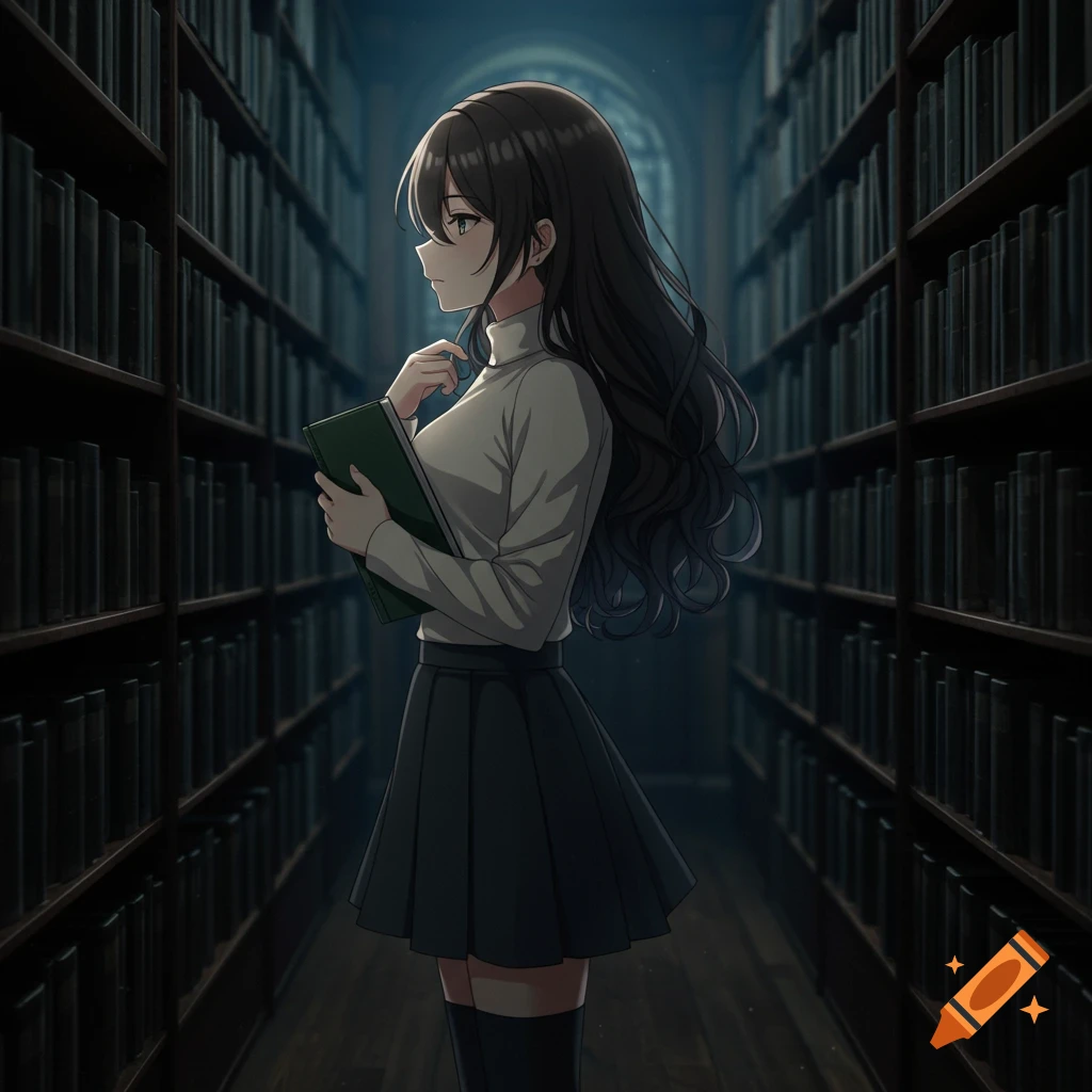 Anime-style young woman holding a book in a dark library aisle.