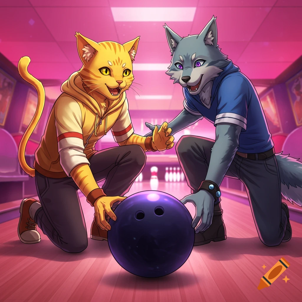 A cat and a wolf kneeling by a bowling ball in a bowling alley.