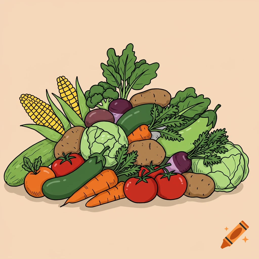 Drawing of a pile of various vegetables like corn, potatoes, cabbage, carrots, tomatoes, and zucchini.