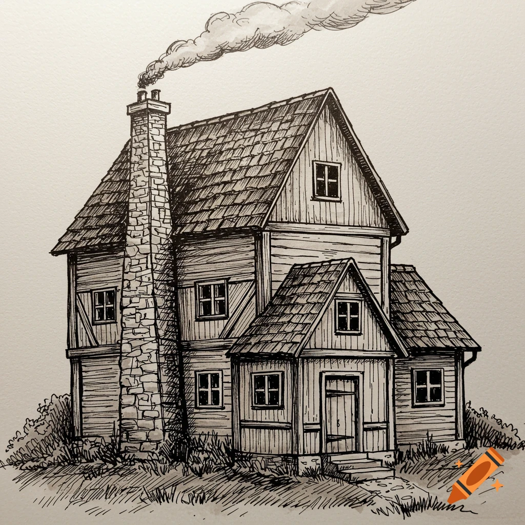 A detailed pen-and-ink drawing of an 1800s-style two-story house with a stone chimney and smoke.