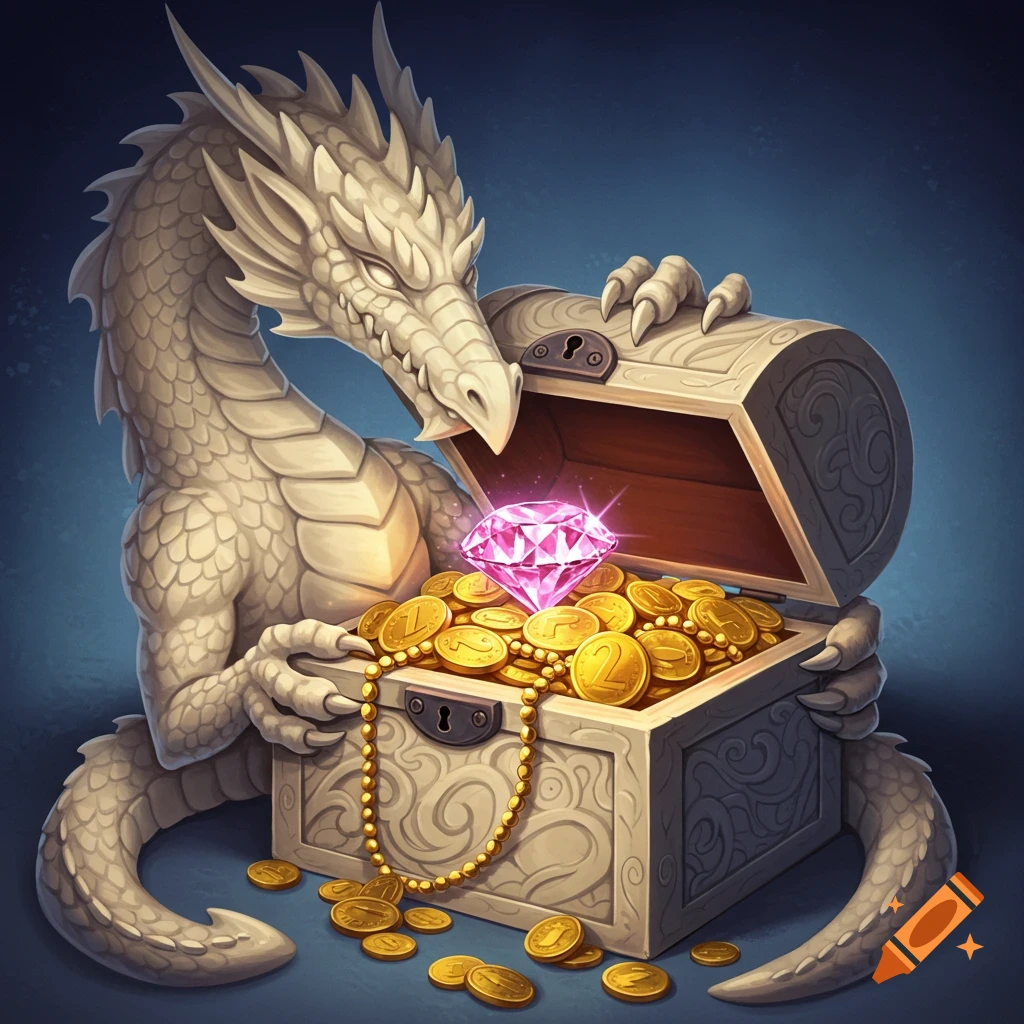 A white dragon holds open a treasure chest overflowing with gold coins and a large pink diamond.