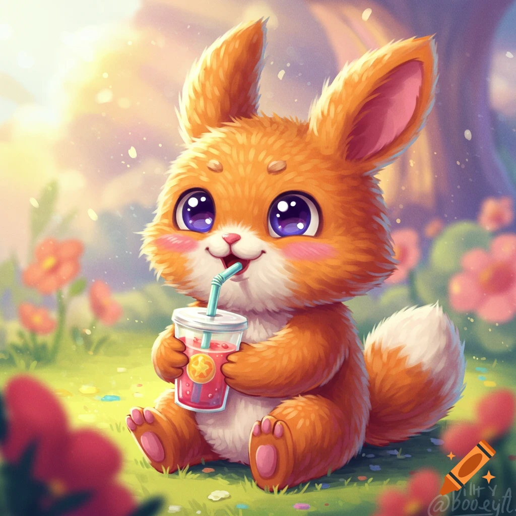 A cute cartoon fox-like creature sits in grass drinking from a cup with a straw in a sunny fantasy setting.