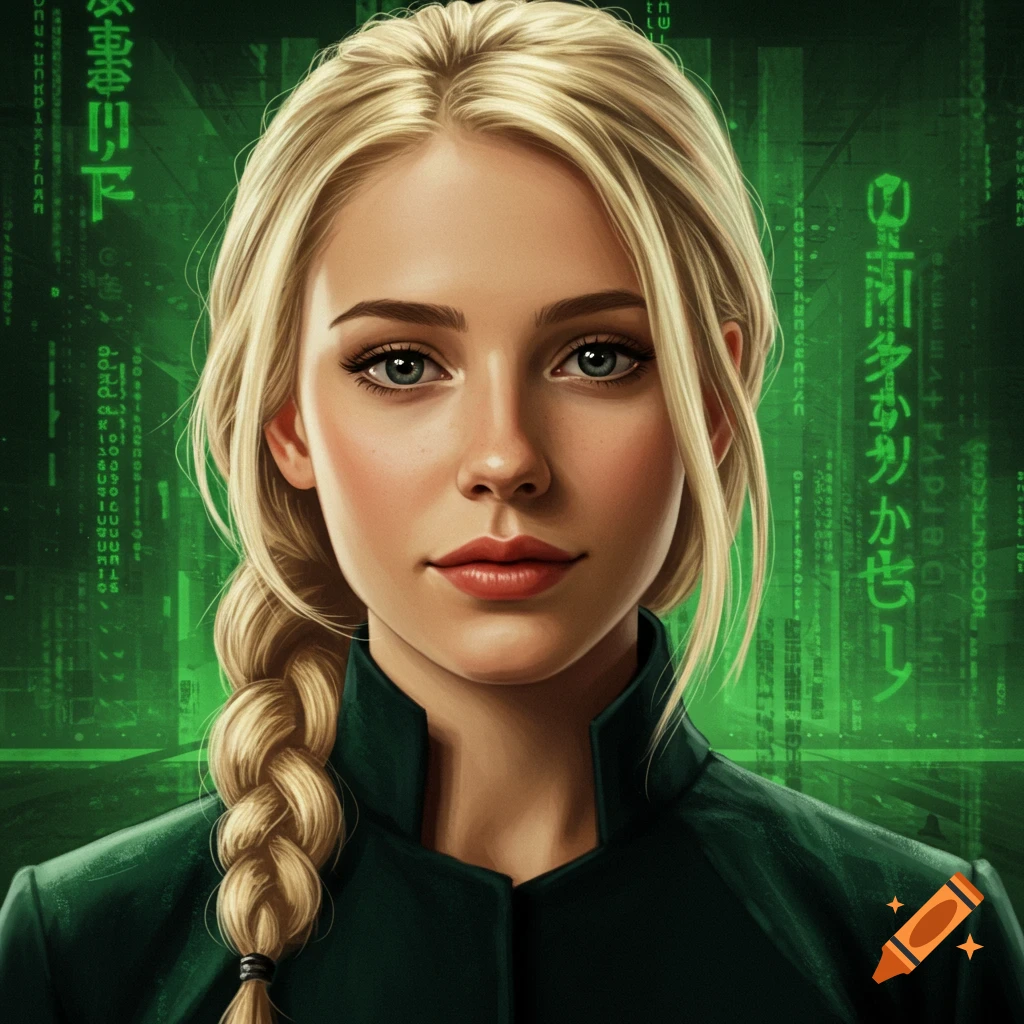 Portrait of a blonde woman with a braid against a green digital matrix code background.