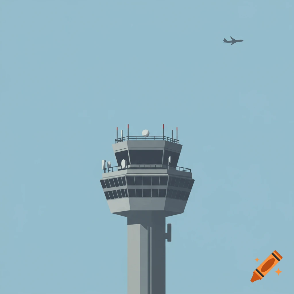 A minimalist illustration of an airport control tower with an airplane in a clear sky.