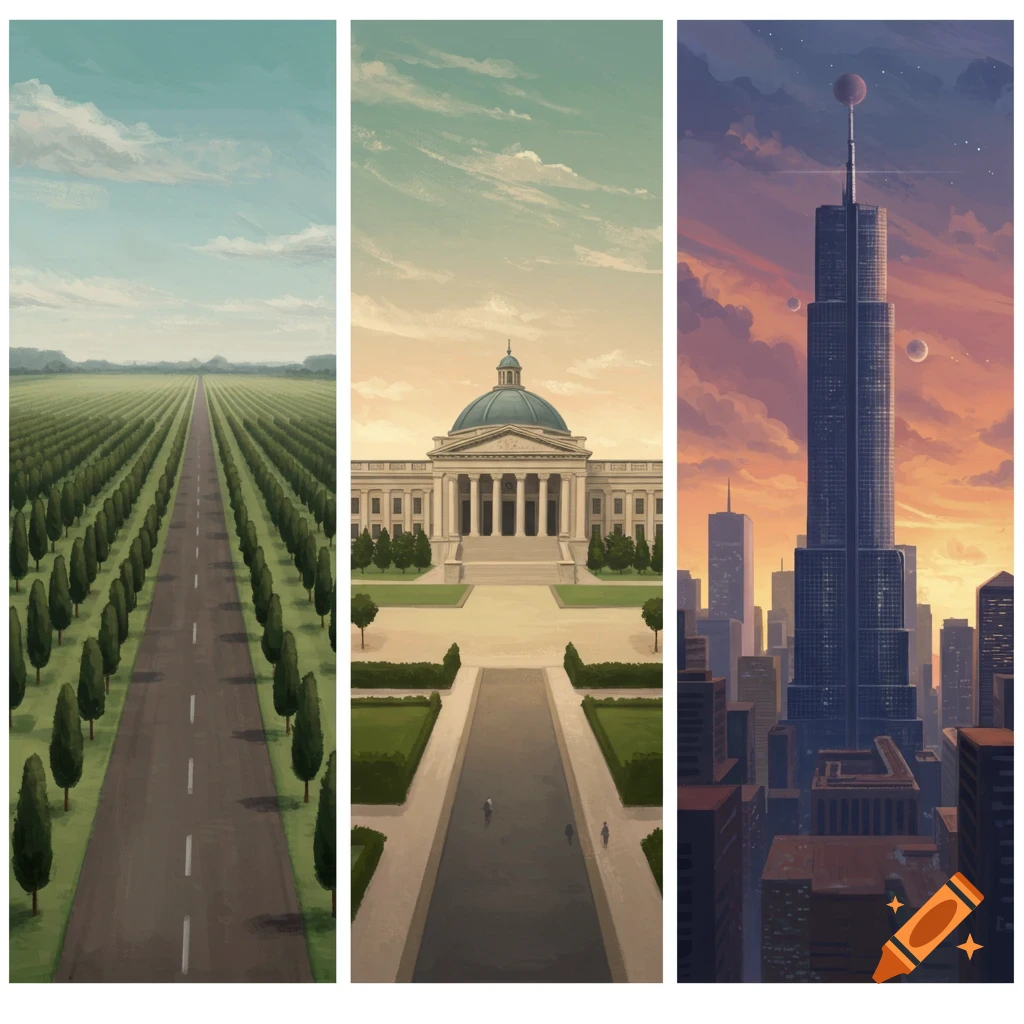 A triptych showing a road with 1-point perspective, a building with 2-point perspective, and a city with 3-point perspective.