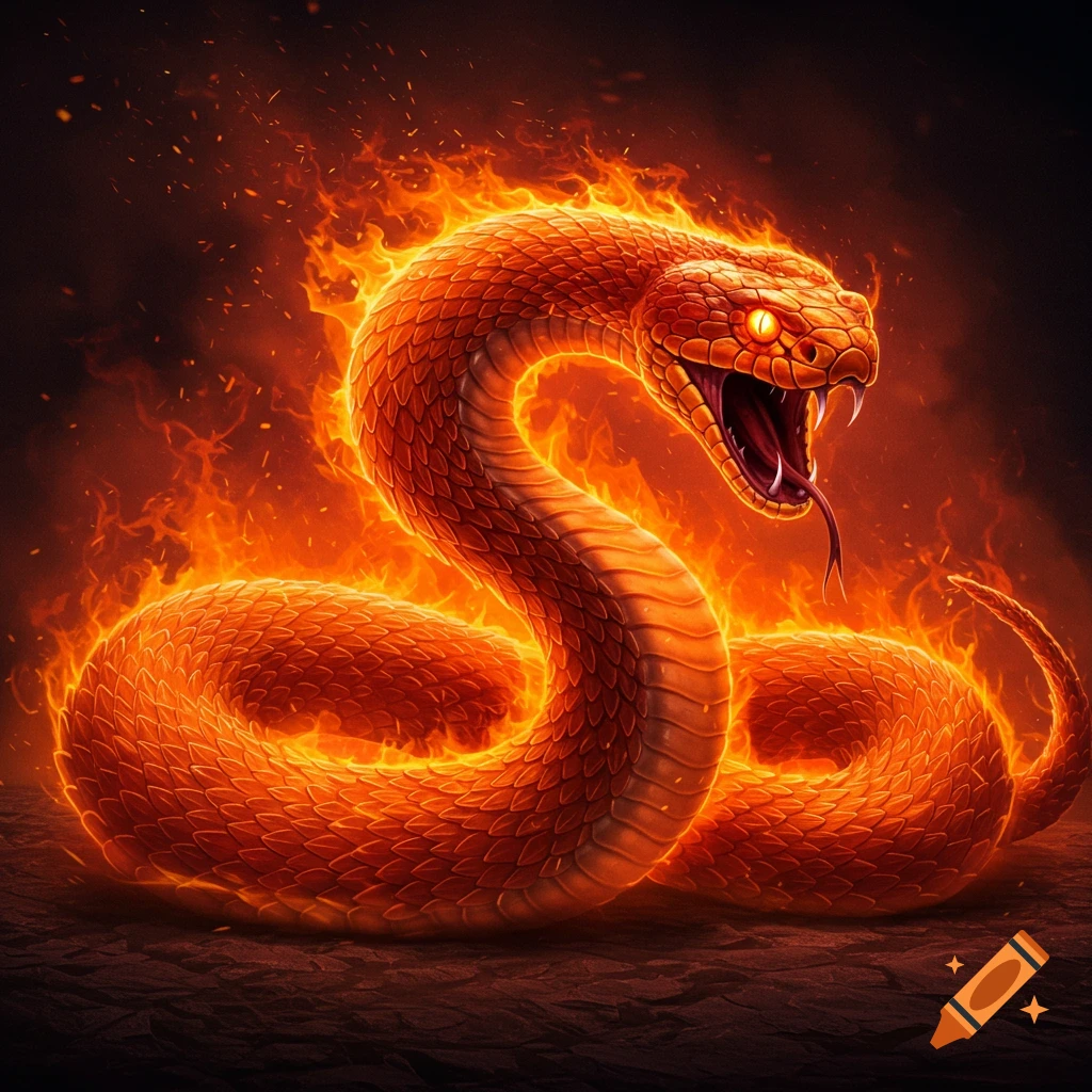 A fierce, glowing orange snake coiled amidst flames, with its mouth open and tongue flicking out.