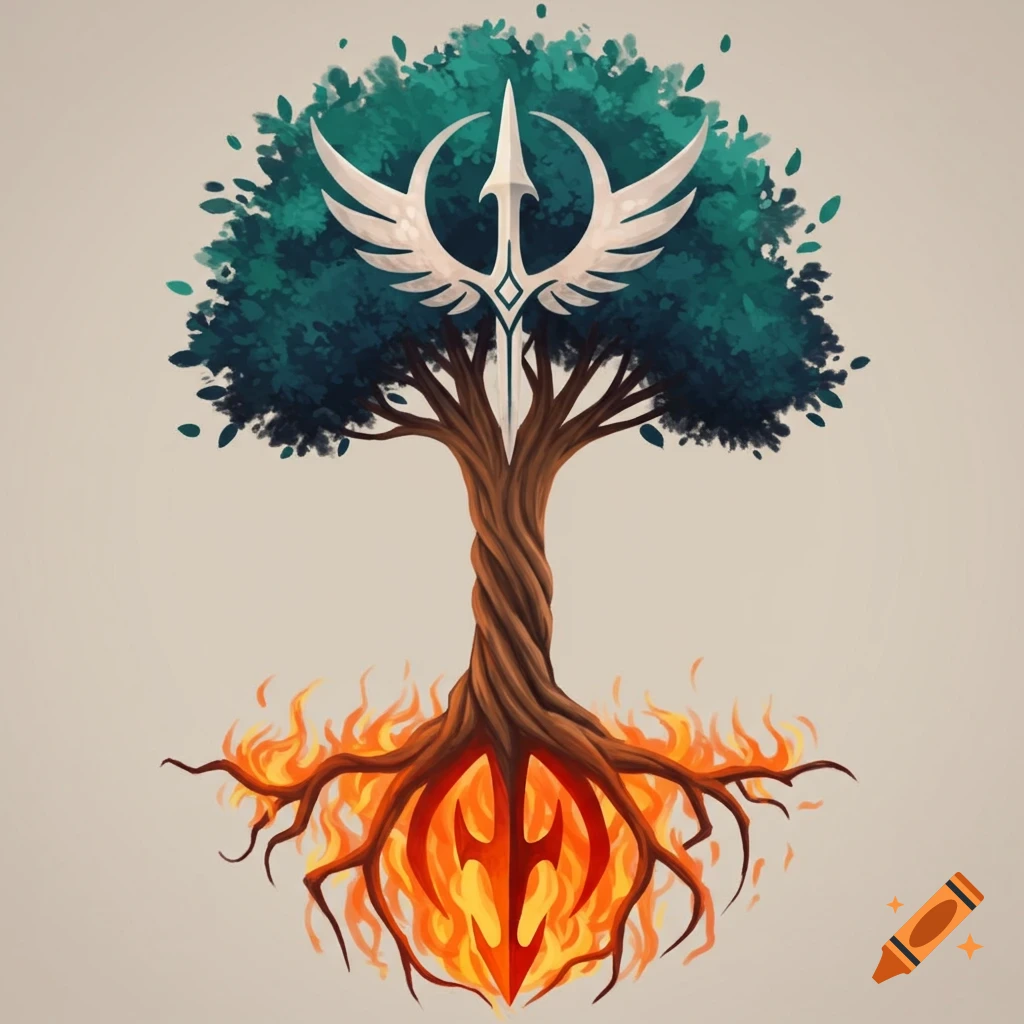 A stylized tree design with fiery roots forming a symbol and a winged sword symbol in the branches.