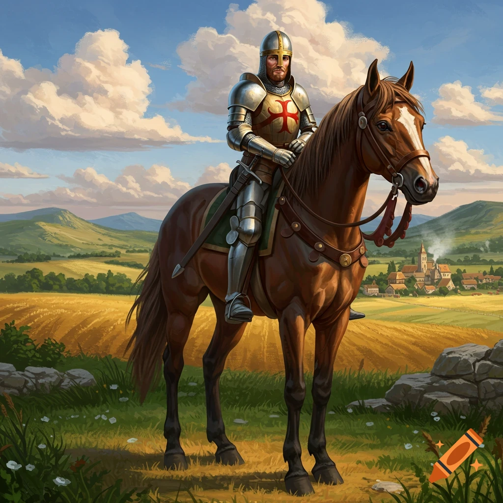 A knight in armor rides a horse through a sunny field with a village in the background.