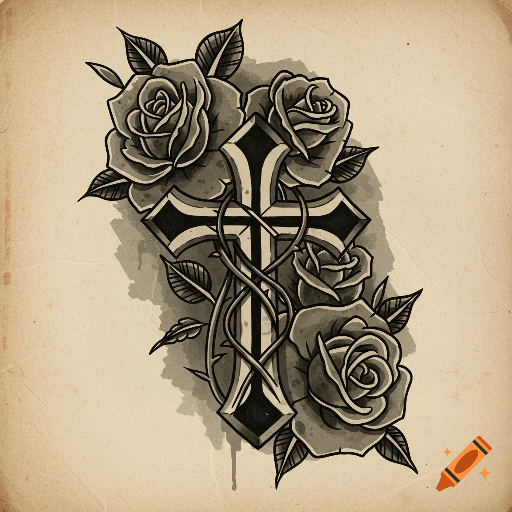 A black and grey tattoo stencil of a cross intertwined with roses and vines, on aged paper.
