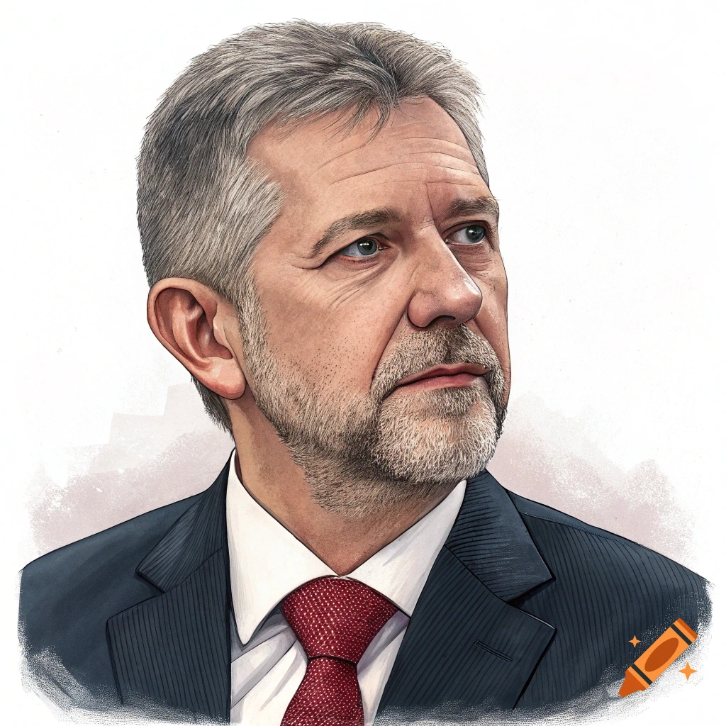 Illustrated portrait of a man in a suit and red tie.