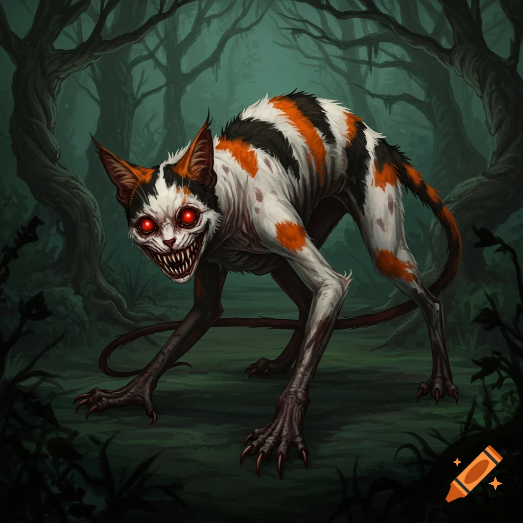 A monstrous calico cat with red eyes and sharp teeth stands in a dark forest.