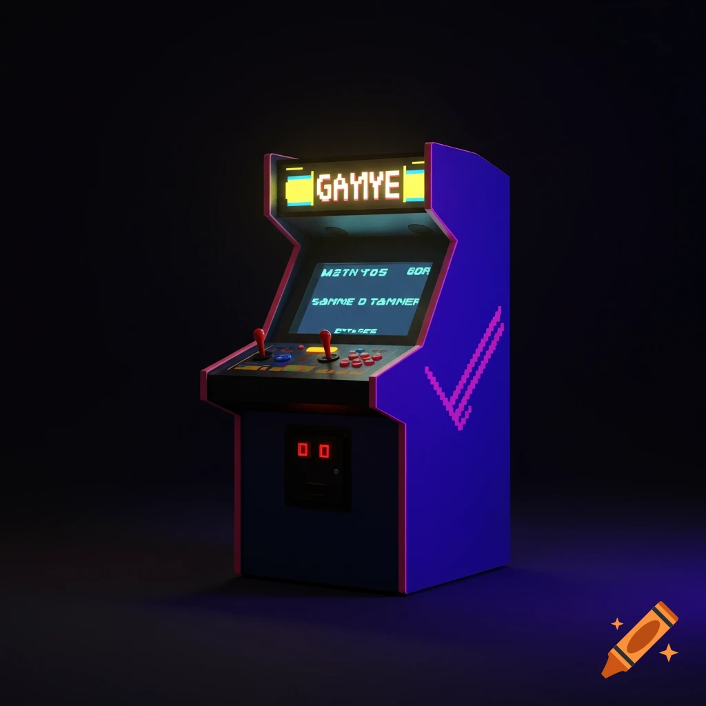 Retro arcade machine with pixel art display in a dark room.