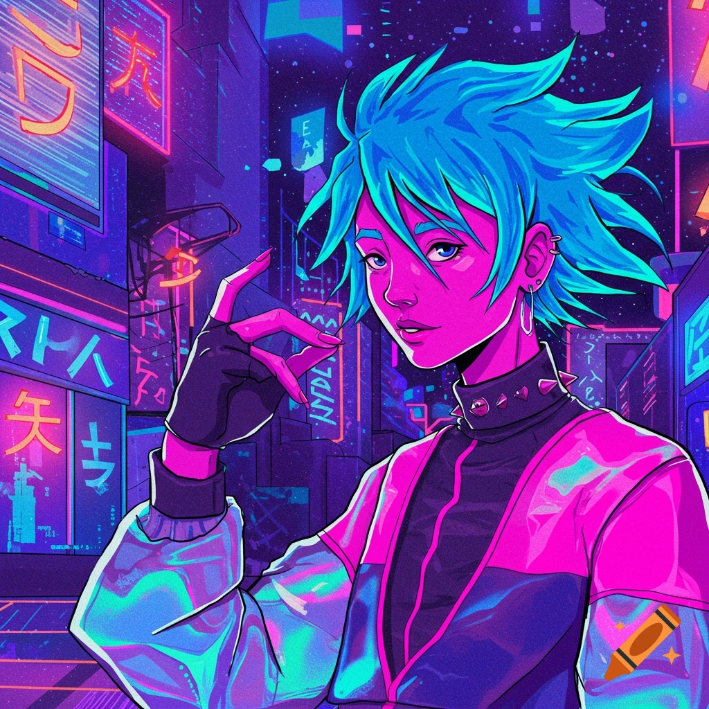 Stylized drawing of person with blue hair and pink skin in neon cyberpunk city.