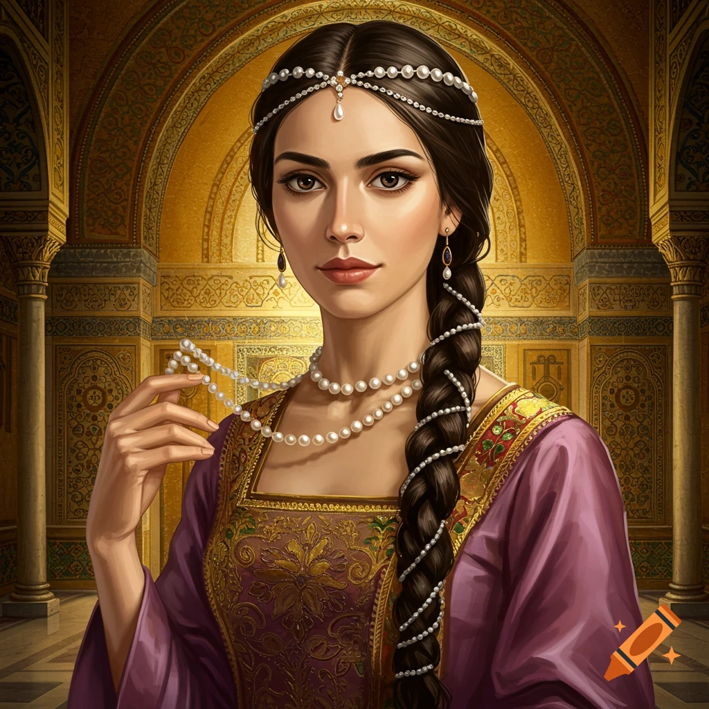 Portrait of a Byzantine princess with pearl jewelry in an ornate hall.